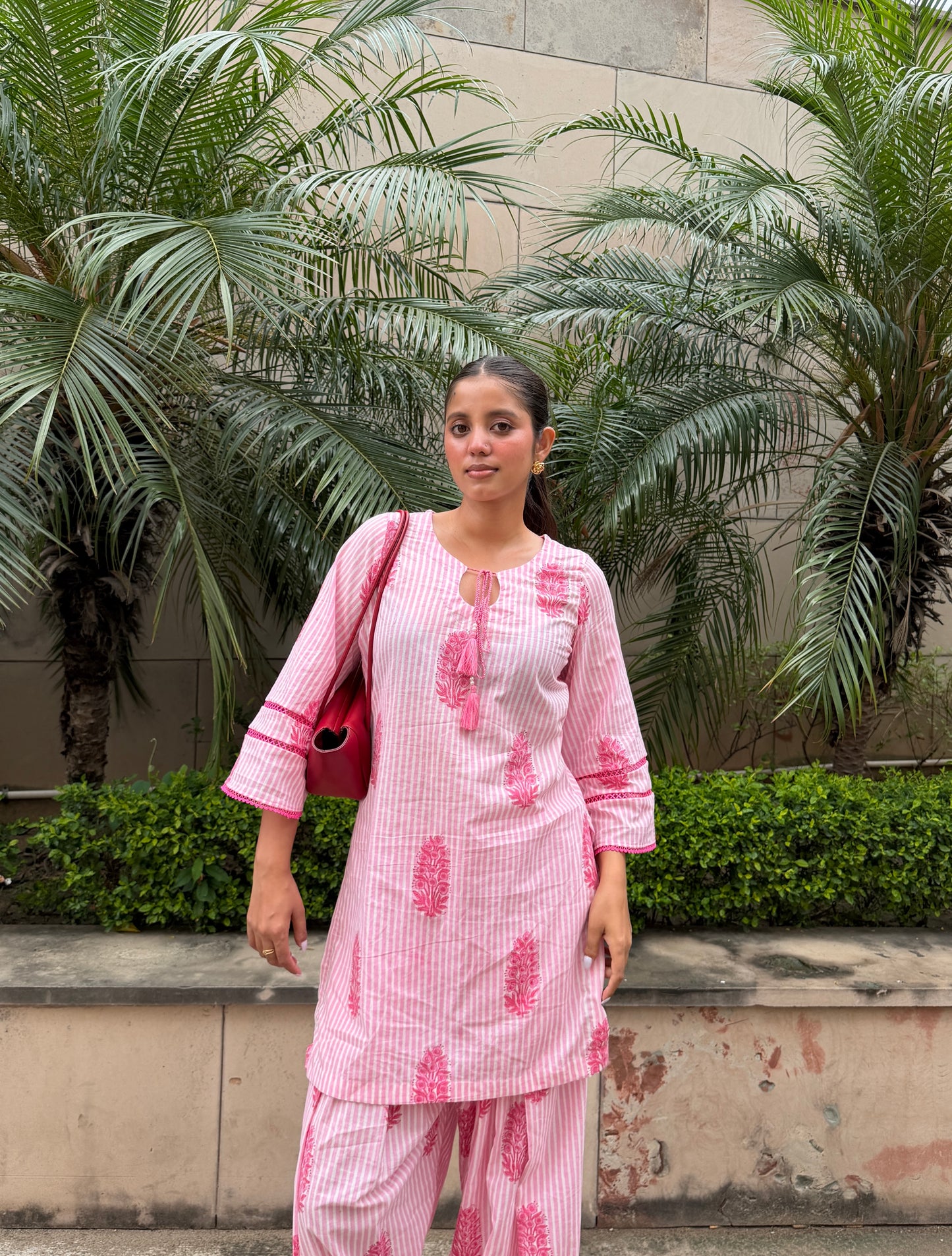 Pink Bell Sleeve Cotton Kurta Set