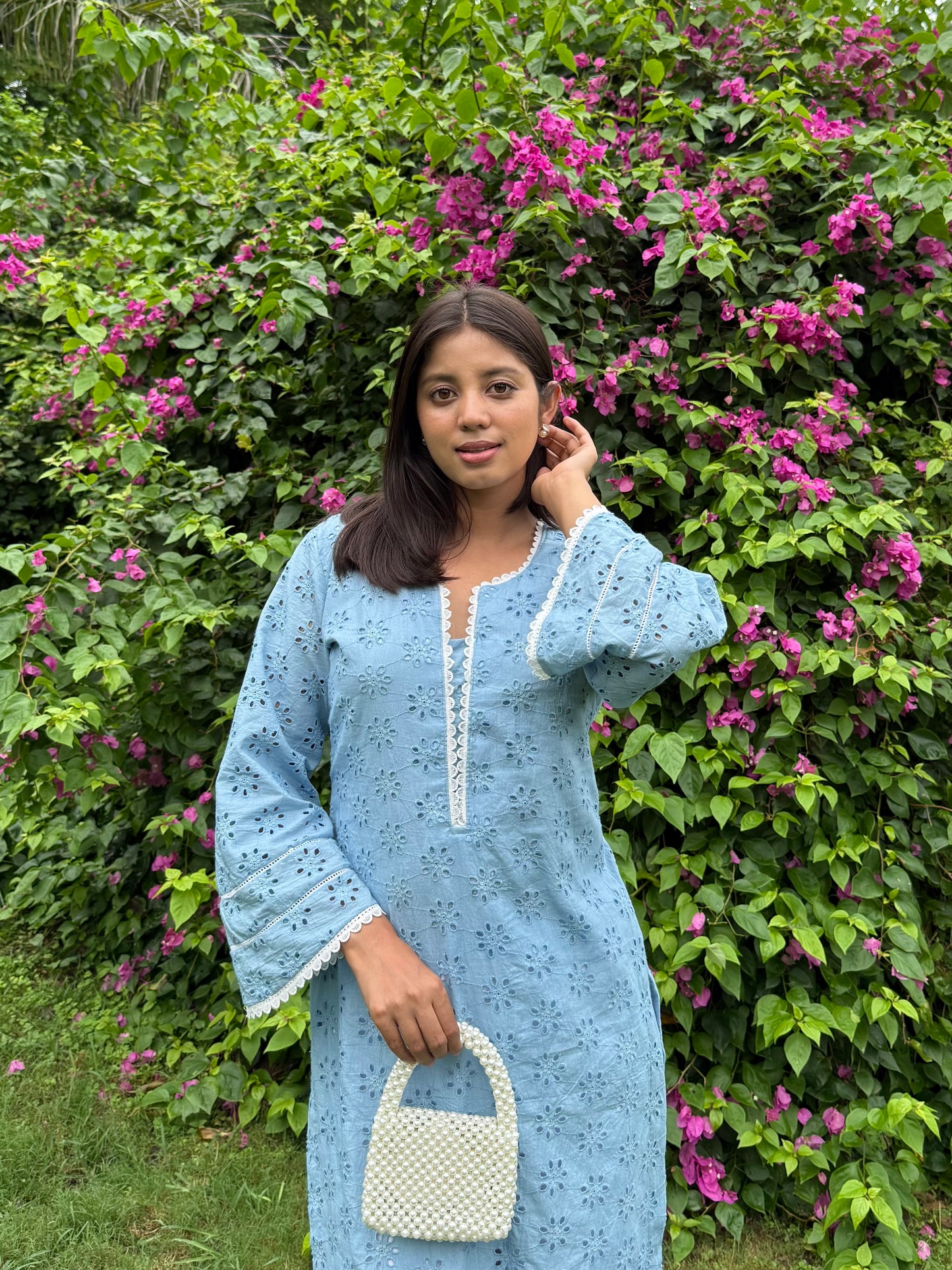Elegant long Hakoba Kurti with lace detailing-Powder Blue