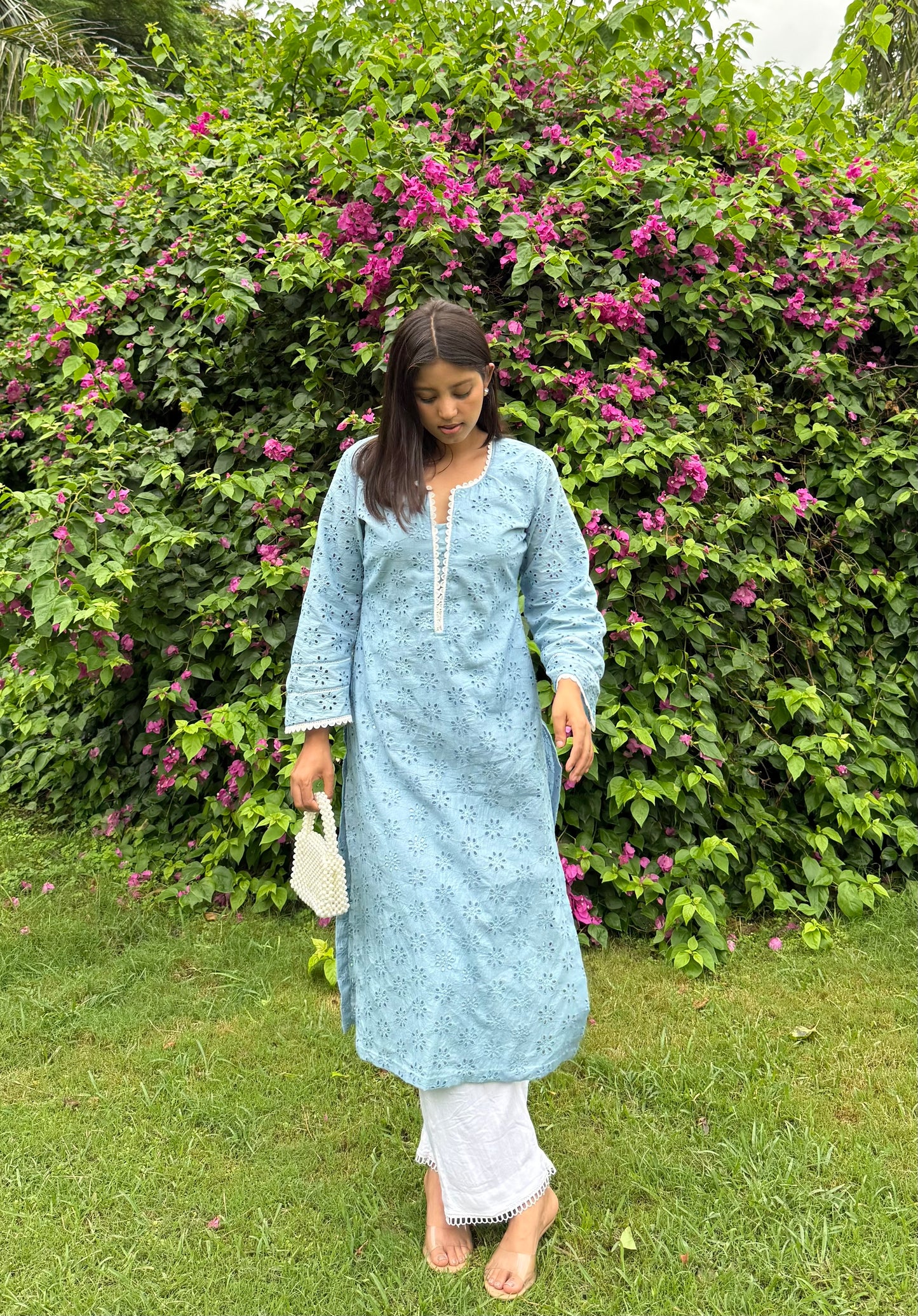 Elegant long Hakoba Kurti with lace detailing-Powder Blue