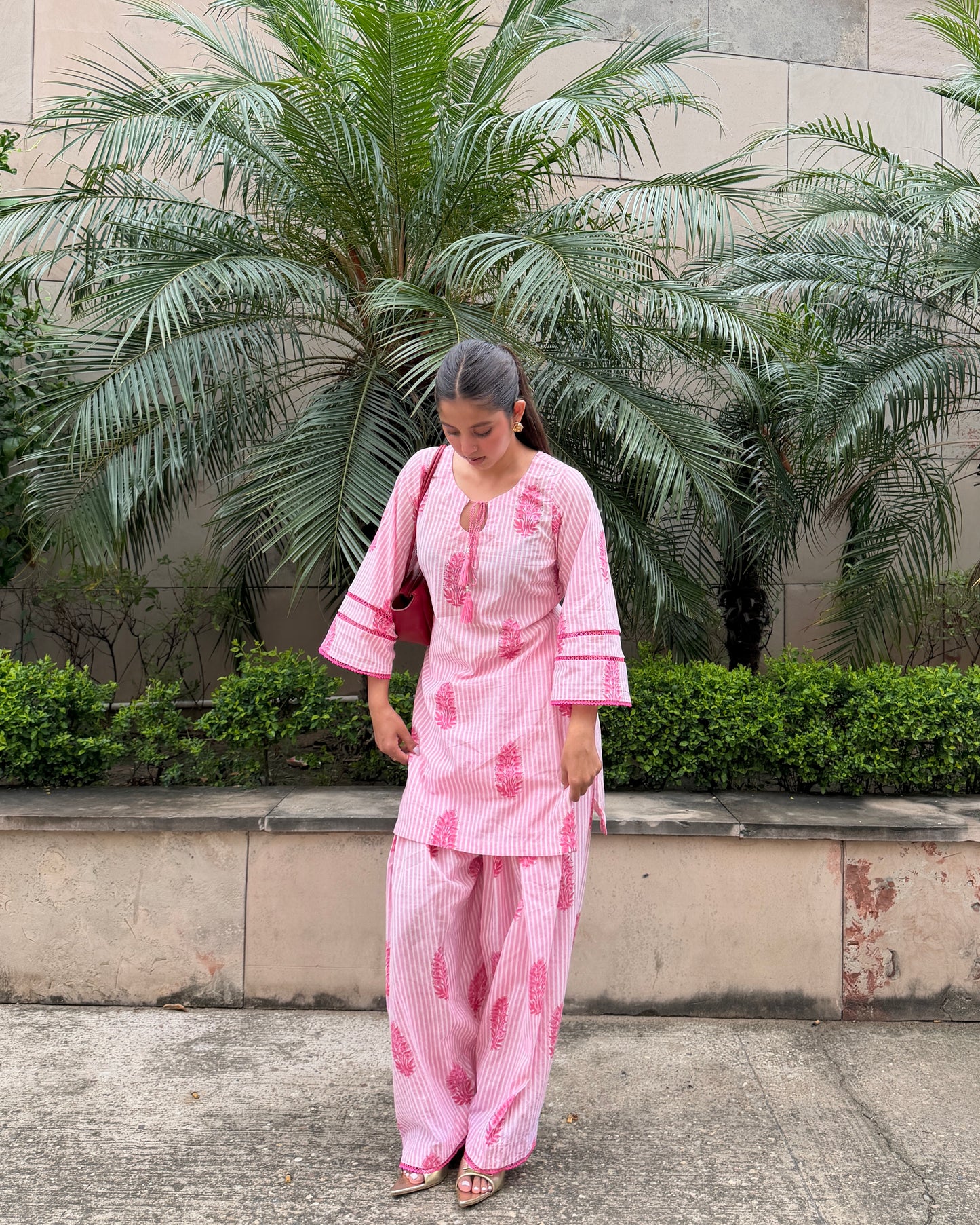Pink Bell Sleeve Cotton Kurta Set