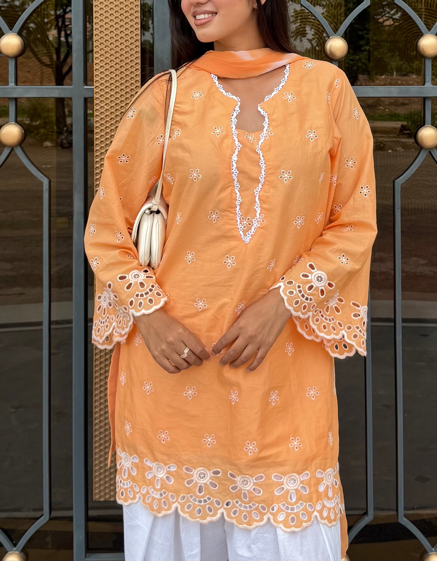 Peach Kurta Set with White Farshi Salwar