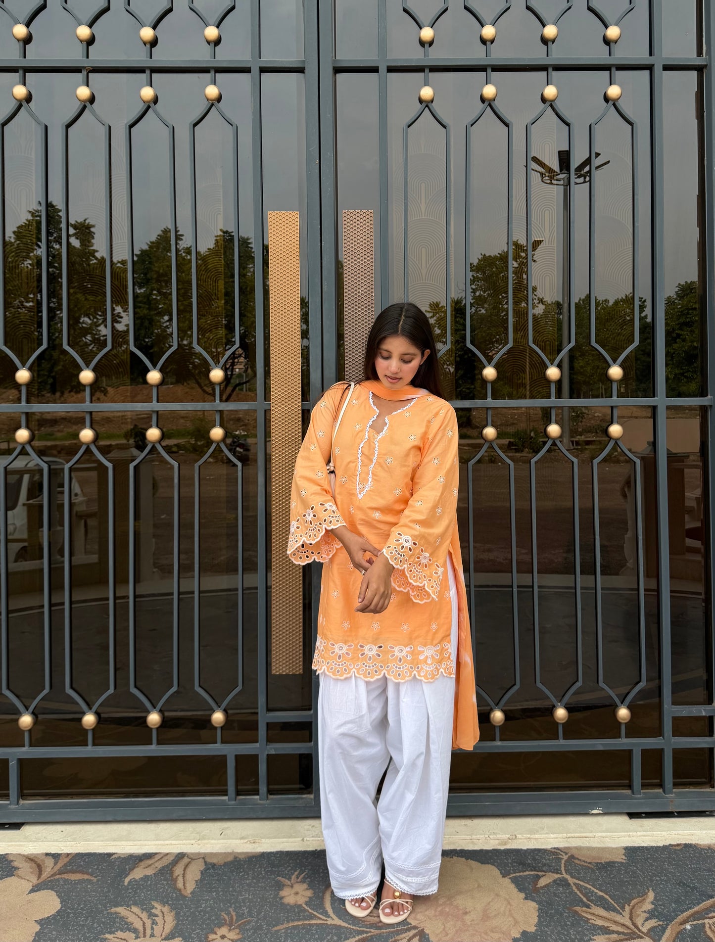 Peach Kurta Set with White Farshi Salwar