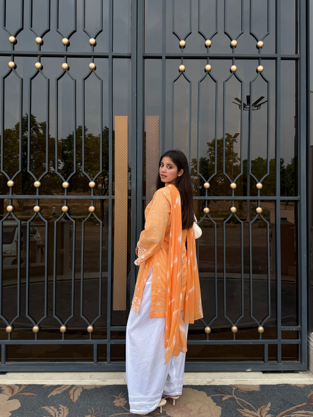 Peach Kurta Set with White Farshi Salwar