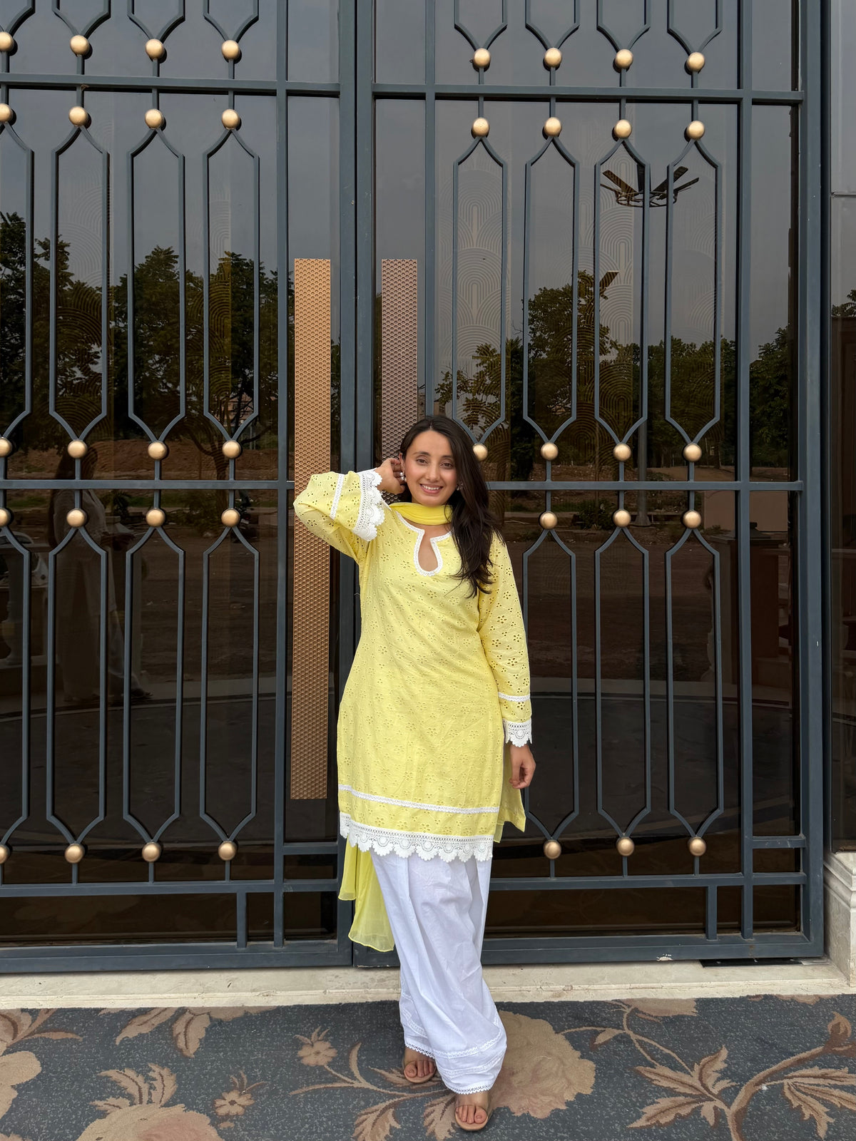 Lemon Yellow hakoba Kurta Set with White Lace Details