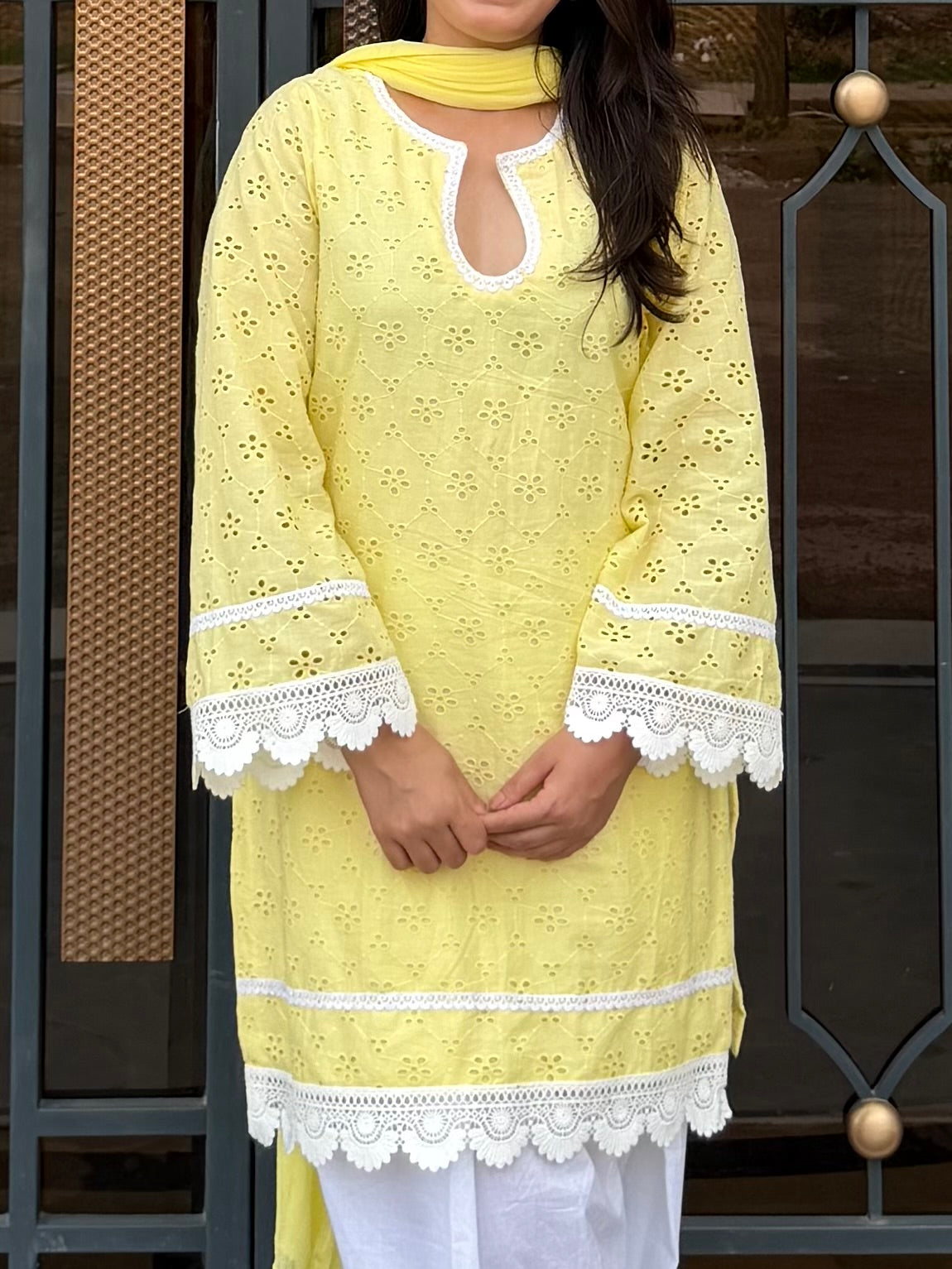 Lemon Yellow hakoba Kurta Set with White Lace Details