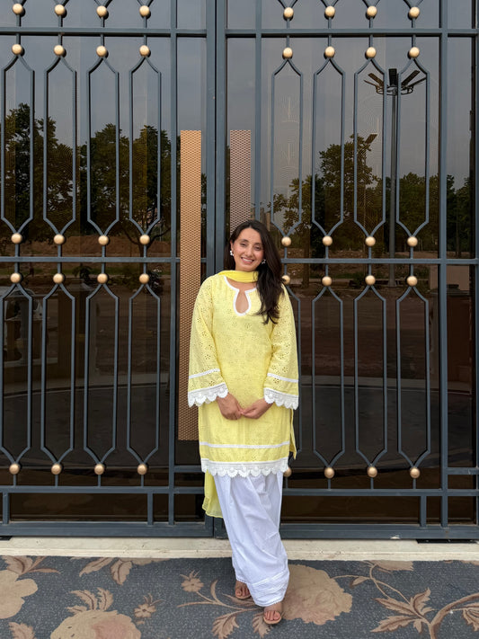 Lemon Yellow hakoba Kurta Set with White Lace Details
