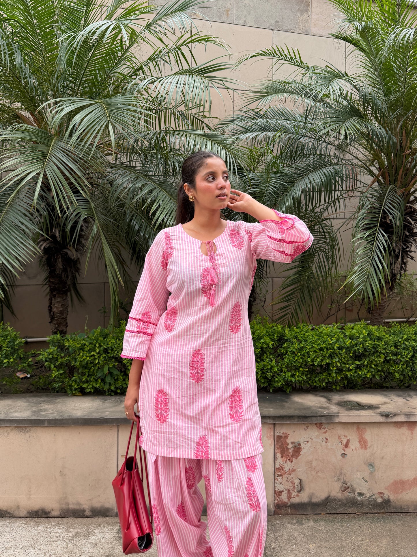 Pink Bell Sleeve Cotton Kurta Set