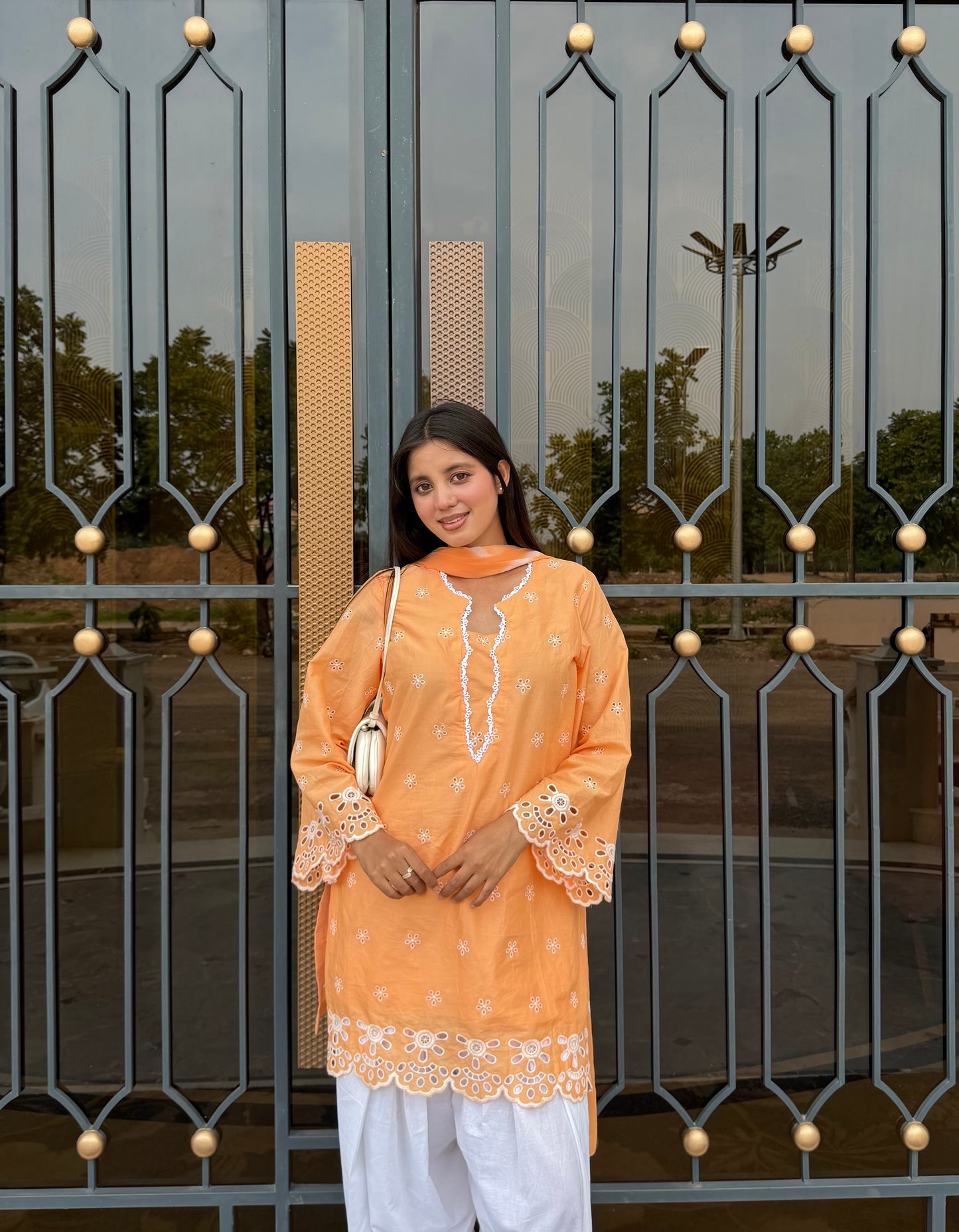 Peach Kurta Set with White Farshi Salwar