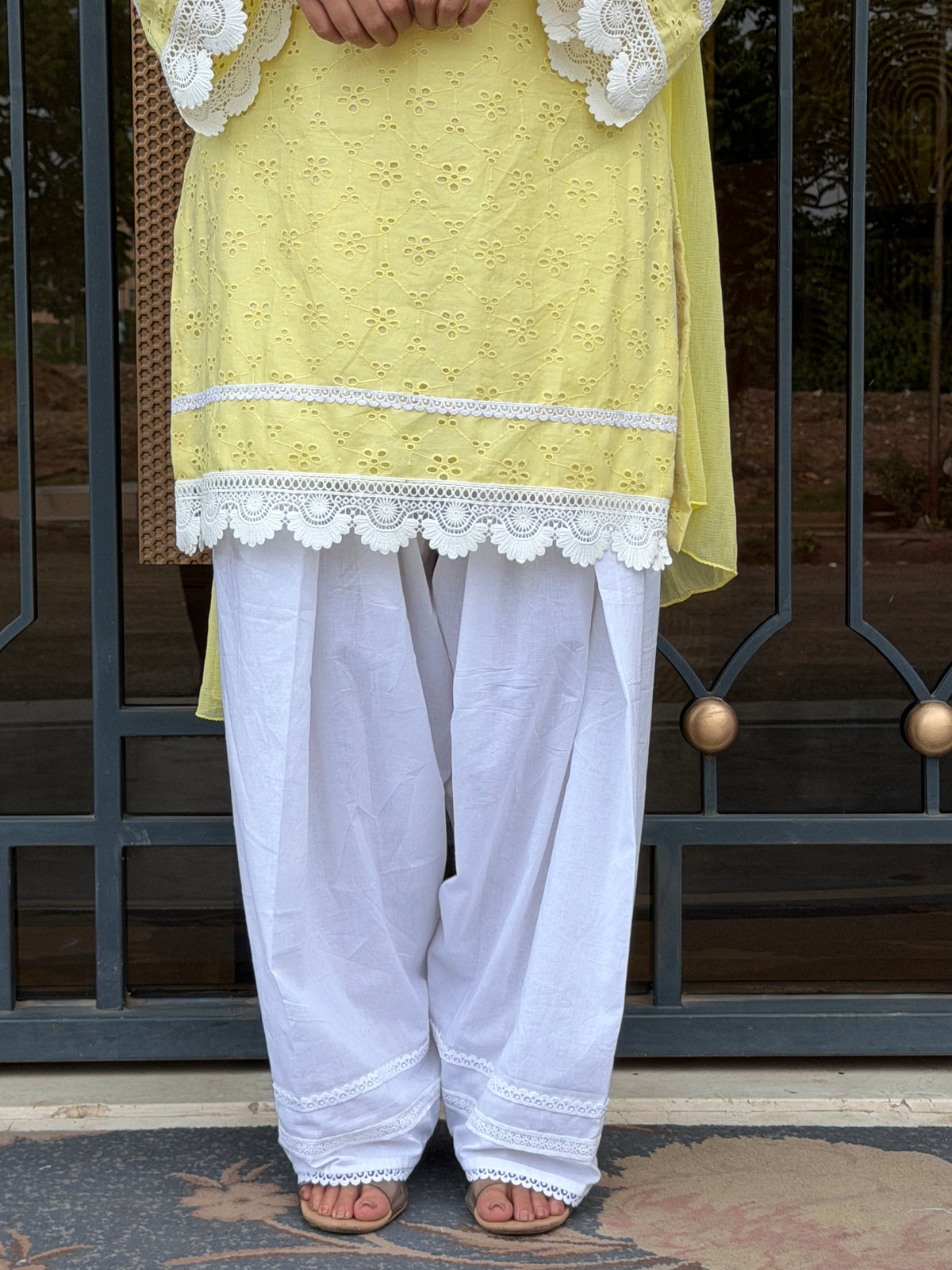 Lemon Yellow hakoba Kurta Set with White Lace Details