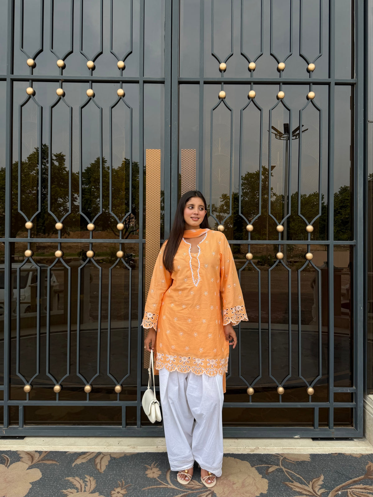 Peach Kurta Set with White Farshi Salwar