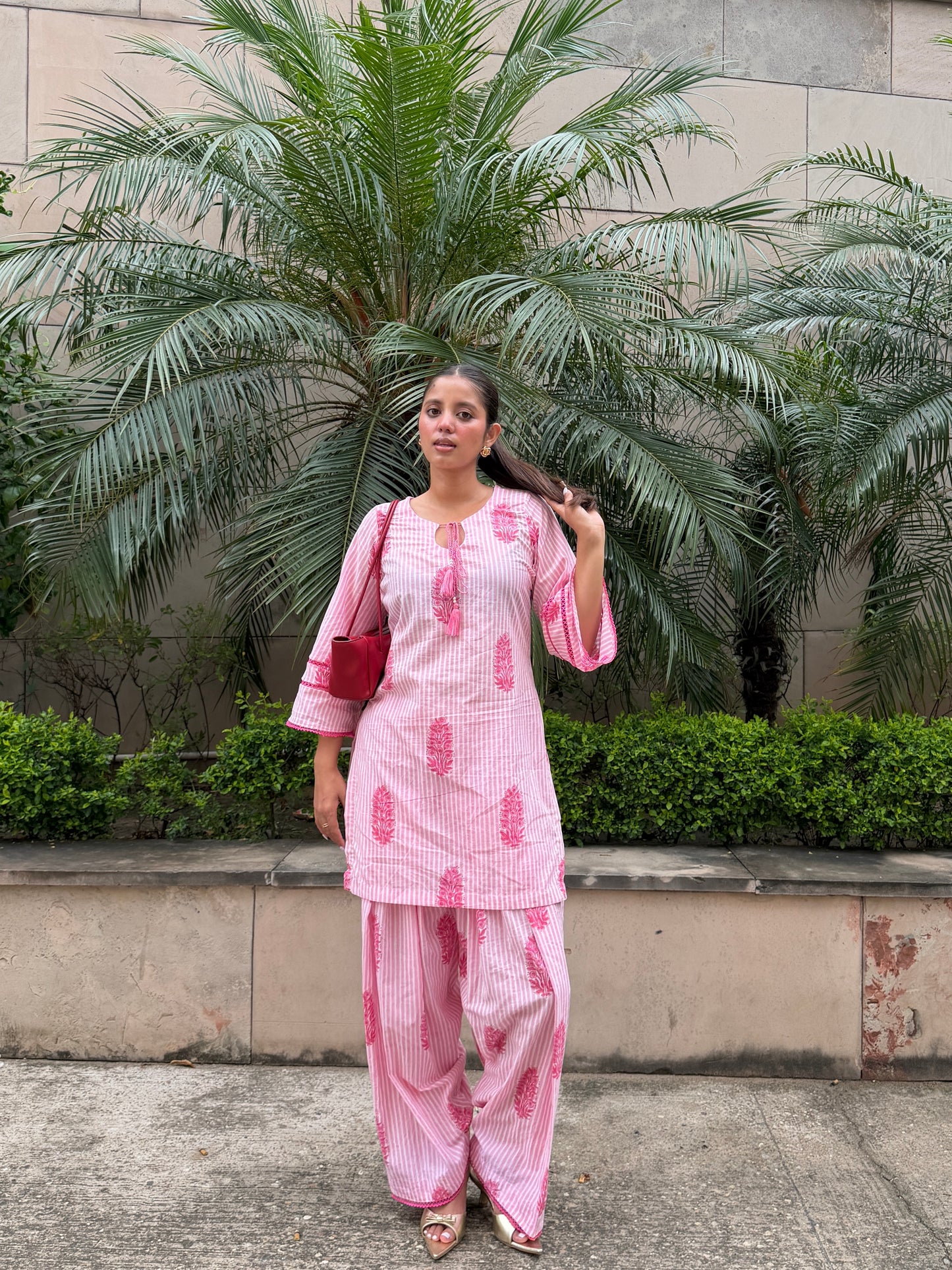 Pink Bell Sleeve Cotton Kurta Set