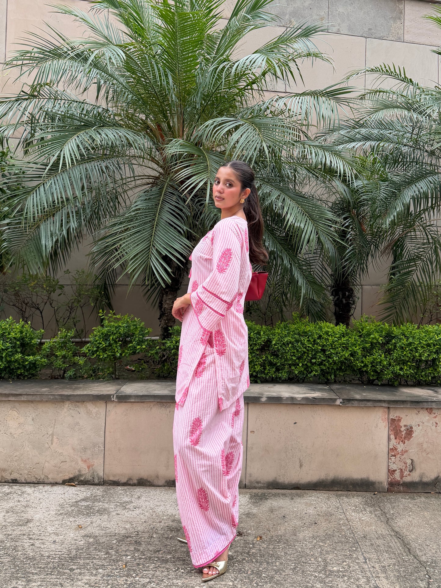 Pink Bell Sleeve Cotton Kurta Set