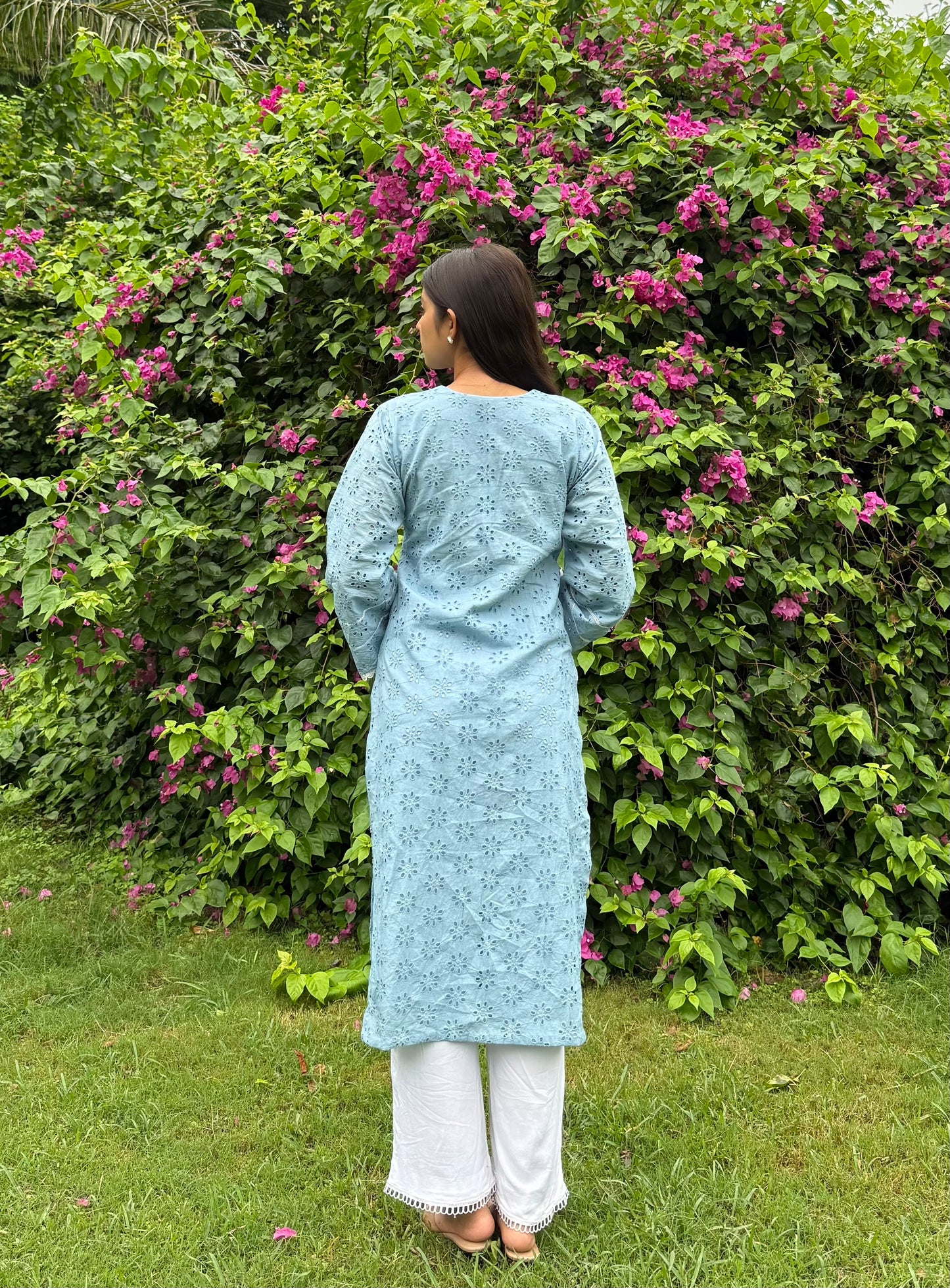 Elegant long Hakoba Kurti with lace detailing-Powder Blue