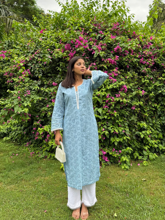 Elegant long Hakoba Kurti with lace detailing-Powder Blue