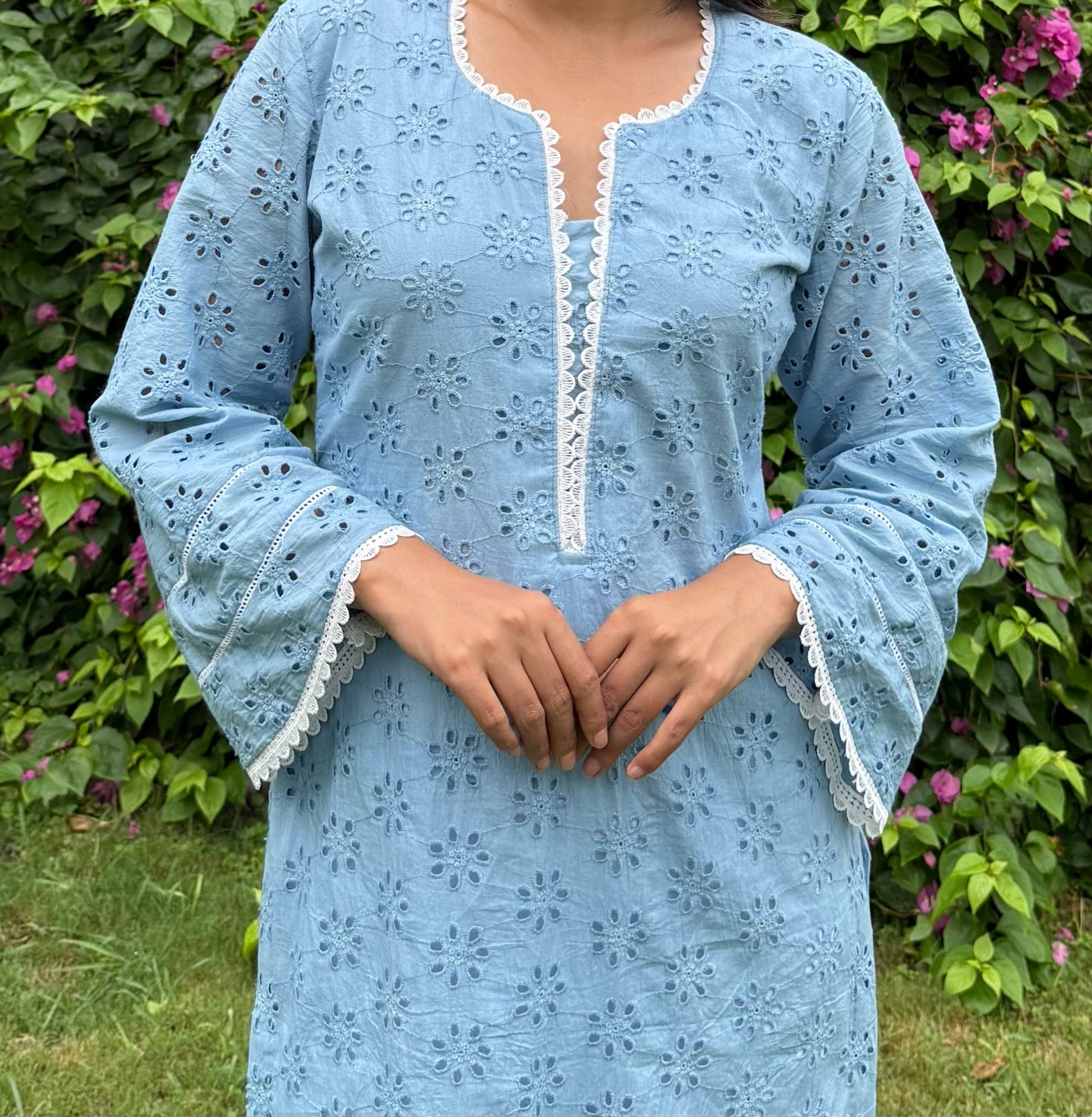 Elegant long Hakoba Kurti with lace detailing-Powder Blue